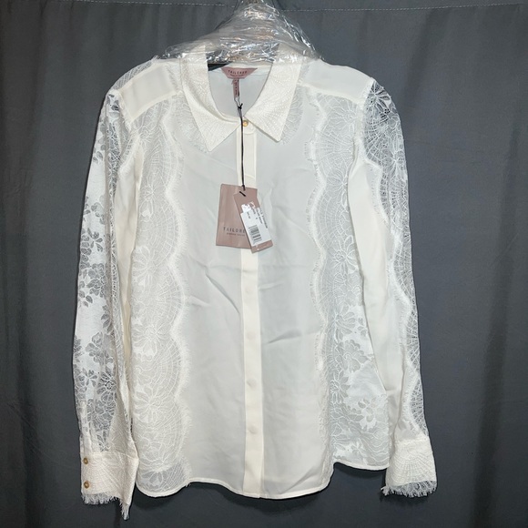 REBECCA TAYLOR TAILORED SILK DOUBLE GEORGETTE & LACE TOP - Picture 8 of 13